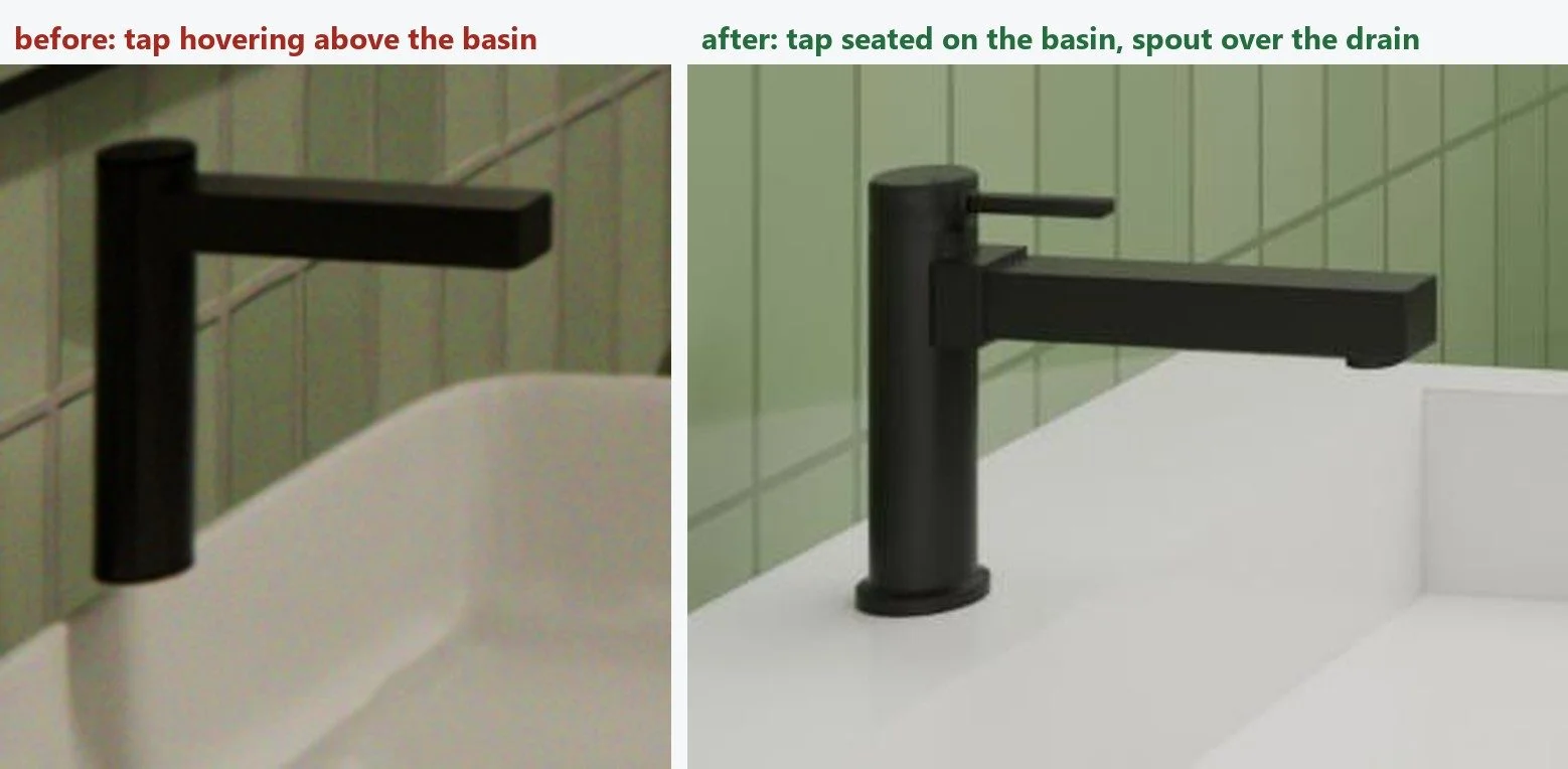 Before and after: a black basin tap hovering above the basin, then seated on the basin with the spout over the drain.