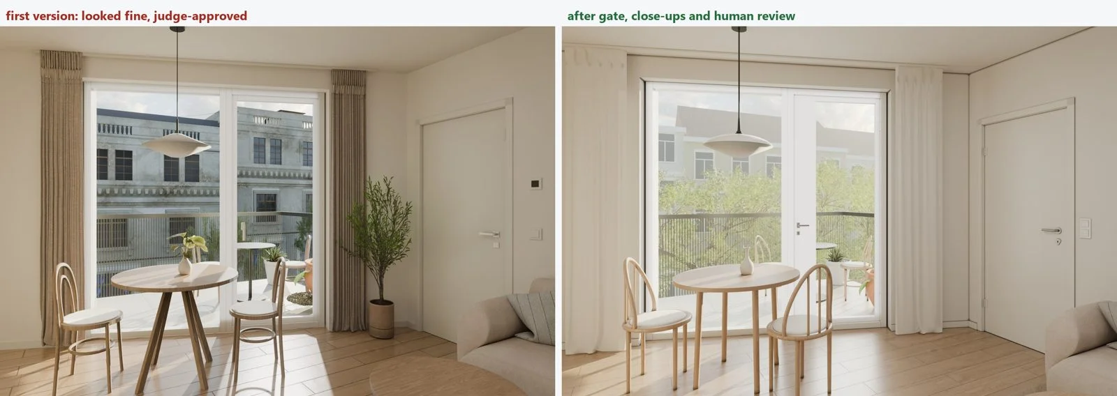 Before and after wide shots of the living and dining area: the judge-approved first version, and the version after the gate, close-ups and human review.
